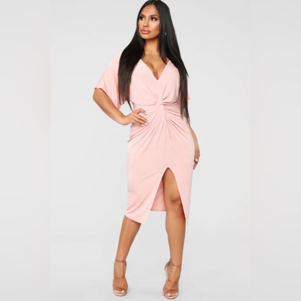 NWT Fashion Nova Sz Medium Pink V-Neck Dolman Sleeve Front Split Ruched Dress